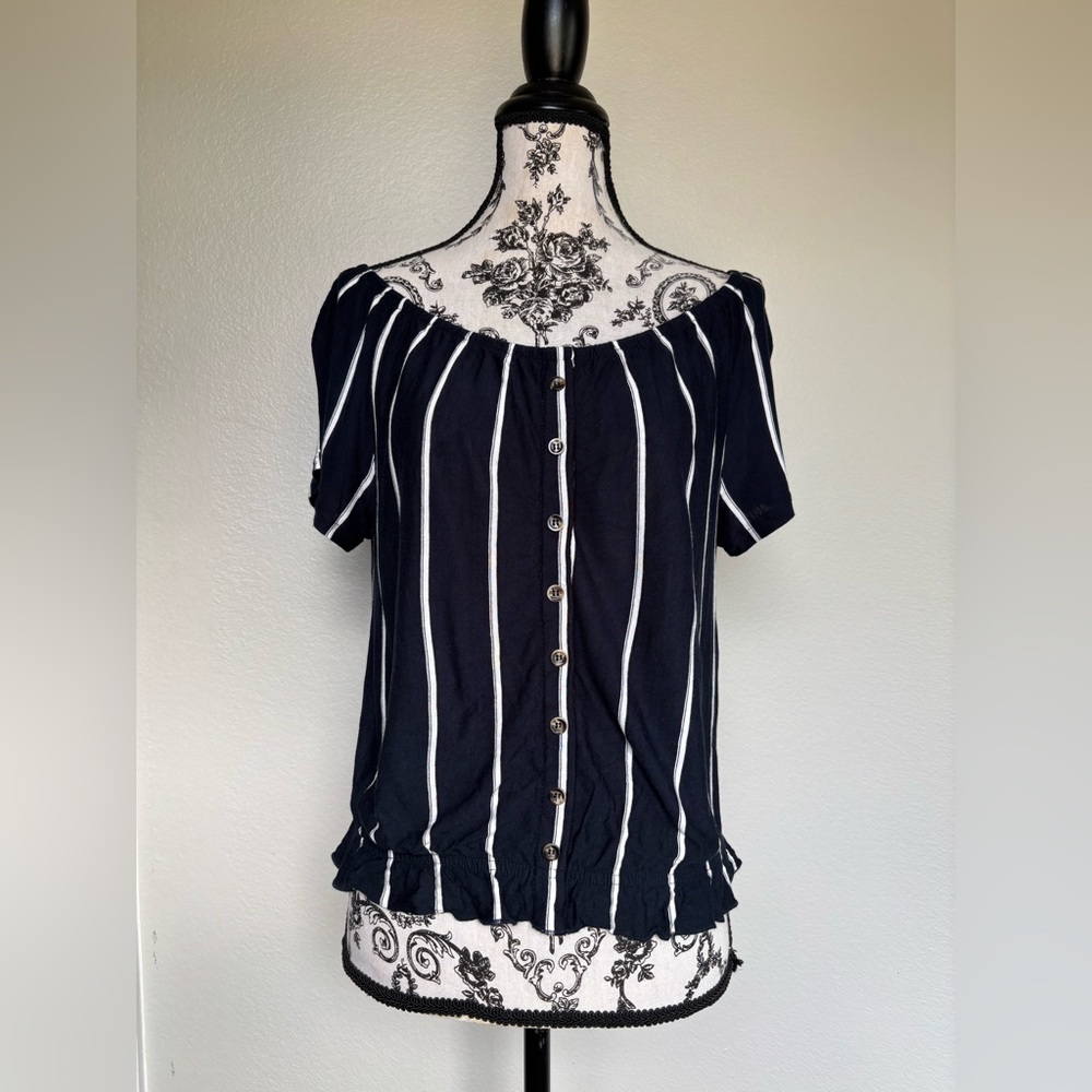 H&M Dark Blue and White Button-Down Blouse